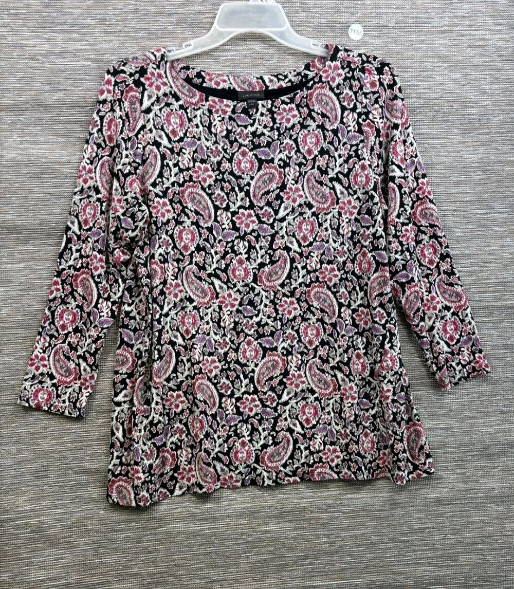 J Jill Wearever Collection Floral Paisley Blouse Womens LP Black Multi Boat Neck
